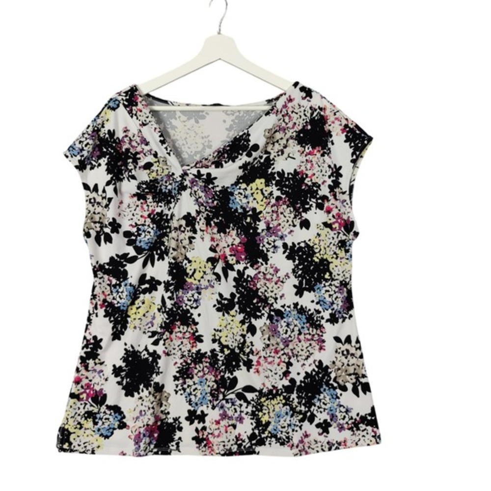 Roz & Ali Floral Womens Cottage Garden Floral Asymmetrical V-Neck Top Bloom 1X